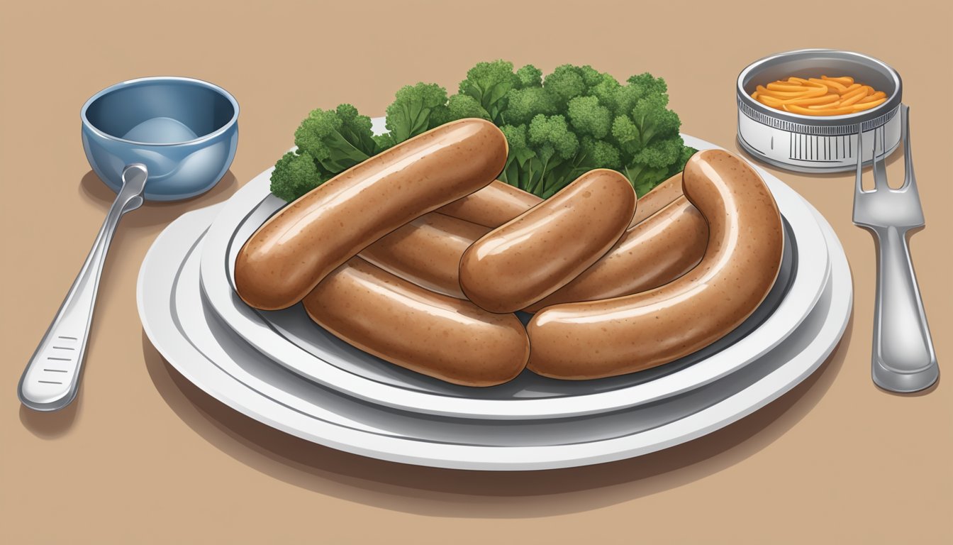 A plate of turkey sausages, a measuring cup, and a nutrition label