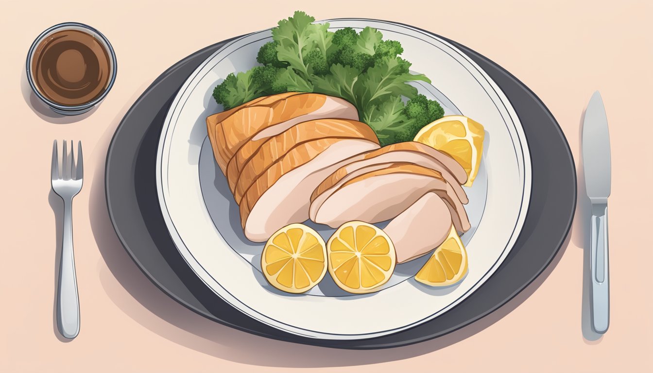 A plate with a portion of sliced turkey breast, a measuring cup, and a diabetic-friendly food guide