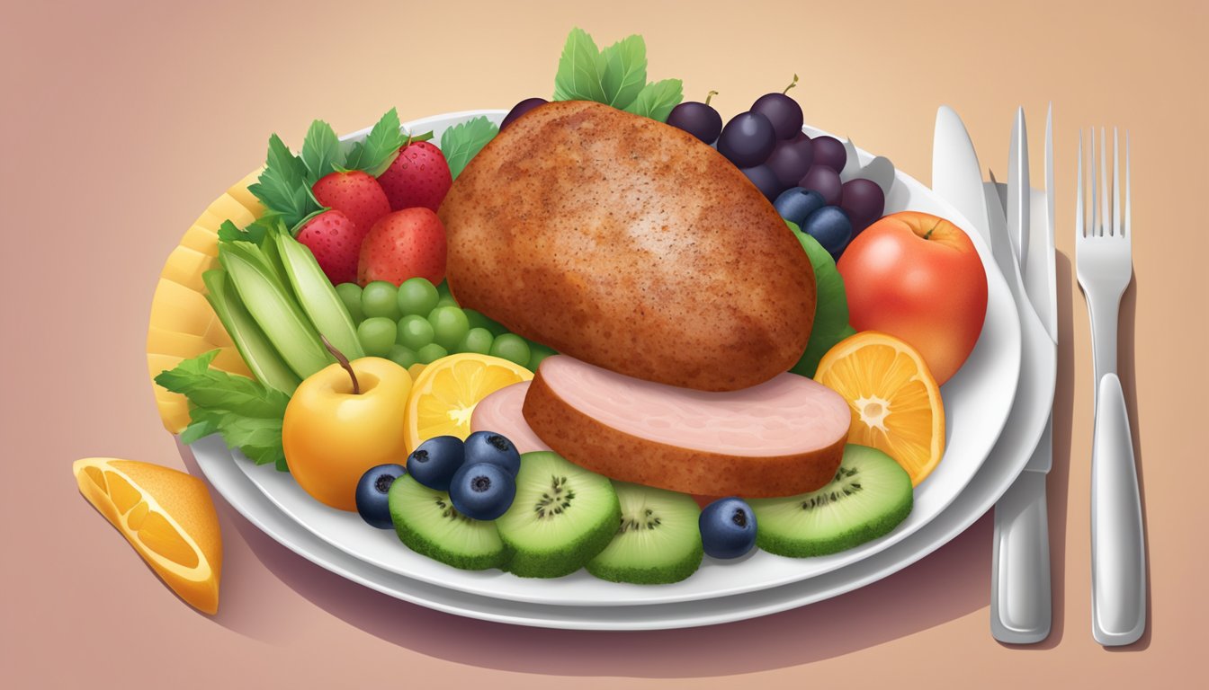 A plate with a moderate portion of turkey sausage alongside a variety of colorful, fresh fruits and vegetables