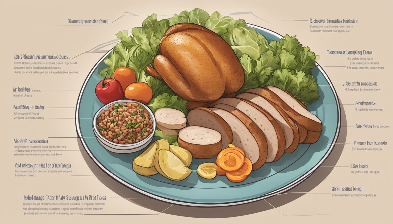 A plate with a measured portion of turkey sausage, alongside a variety of healthy food options for meal planning