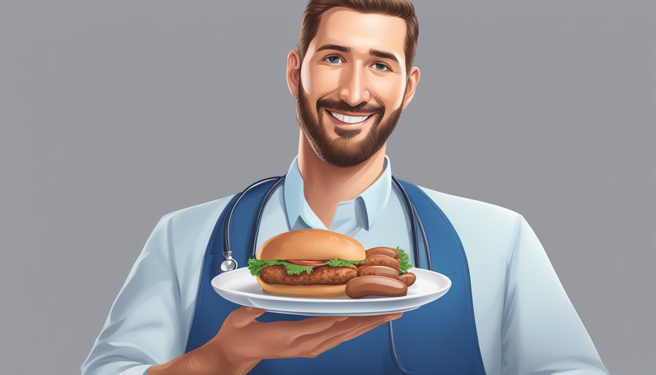 A healthcare professional holding a plate of turkey sausage, gesturing with a thoughtful expression