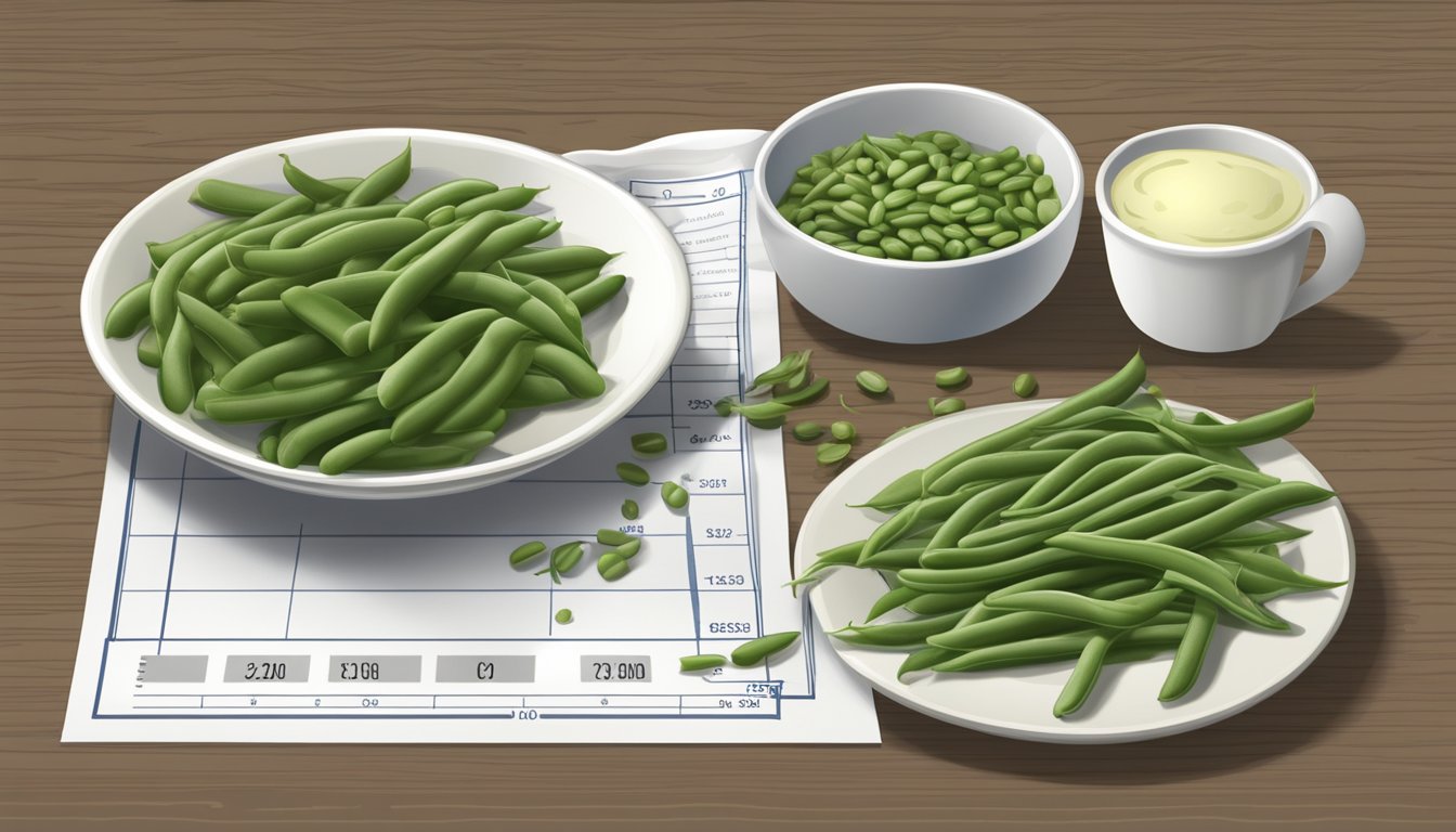 A plate of green beans next to a measuring cup showing a portion size suitable for a diabetic. A nutritional chart is displayed in the background