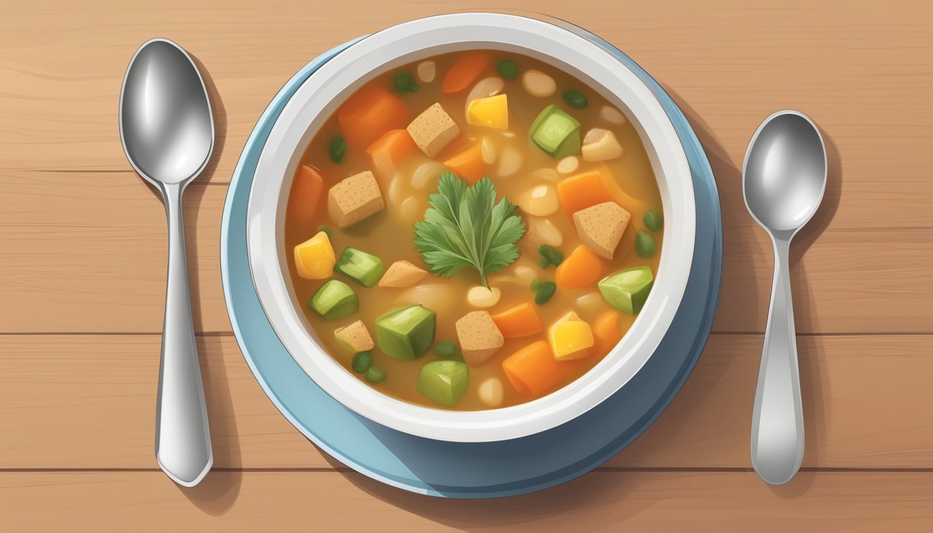 A bowl of low-sodium vegetable soup with a spoon beside it, a portion of whole grain bread, and a small measuring cup to indicate portion size