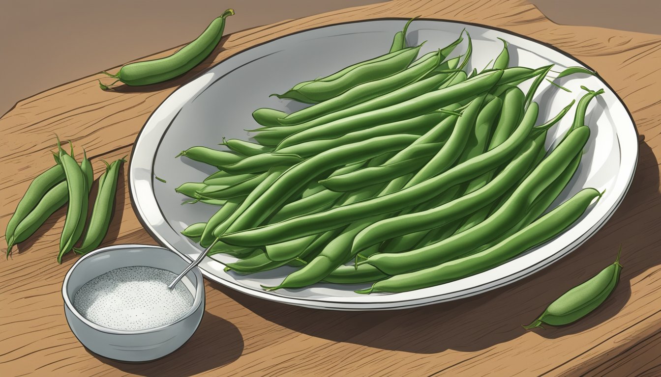 A plate of green beans and a measuring cup, with a portion of green beans being measured out for a diabetic meal