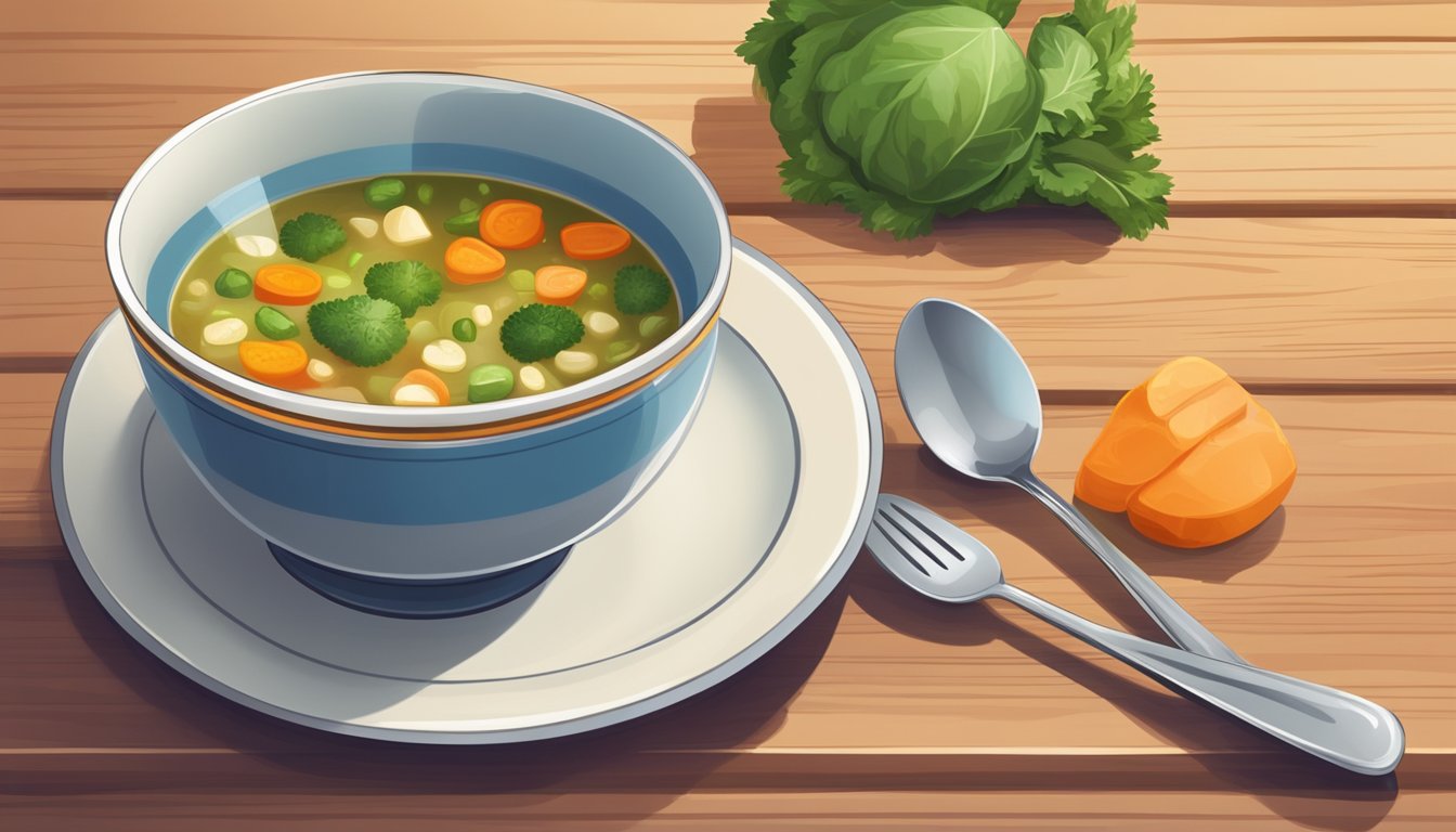 A bowl of low-sodium vegetable soup with a spoon beside it on a wooden table