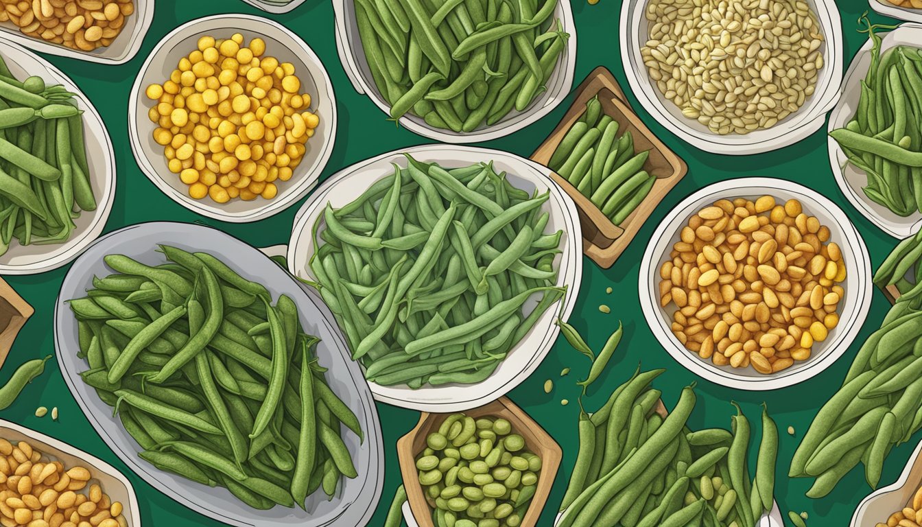 A variety of green beans arranged in a colorful display with a diabetic-friendly portion size indicated