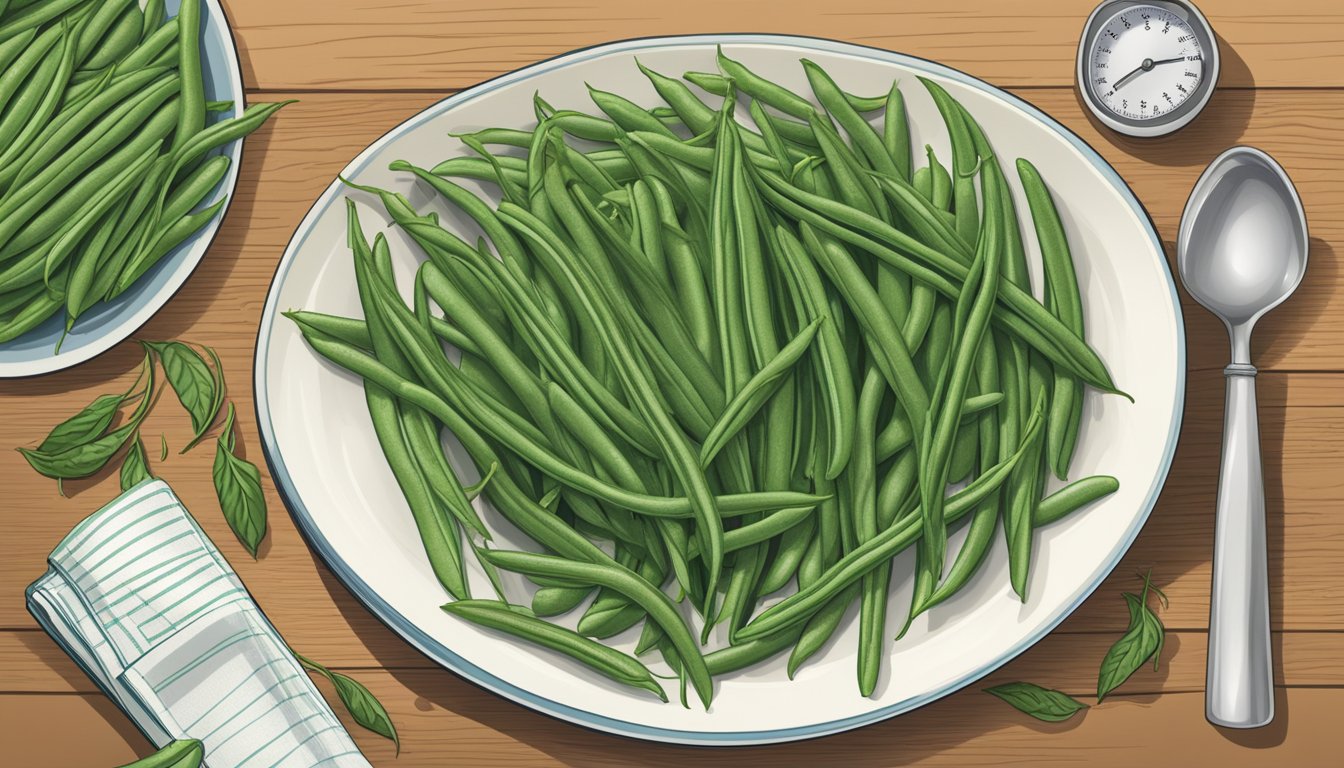 A plate of green beans with a measuring cup, a diabetic-friendly food guide, and a smiling person