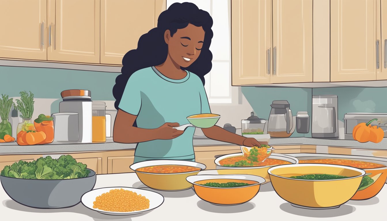 A person pouring a measured amount of low-sodium vegetable soup into a bowl, with a diabetic-friendly meal plan and a bowl of soup on the table