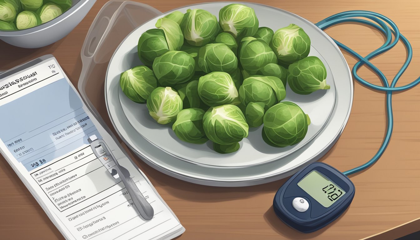 A plate of brussels sprouts next to a measuring cup, a nutrition label, and a blood glucose monitor on a kitchen counter