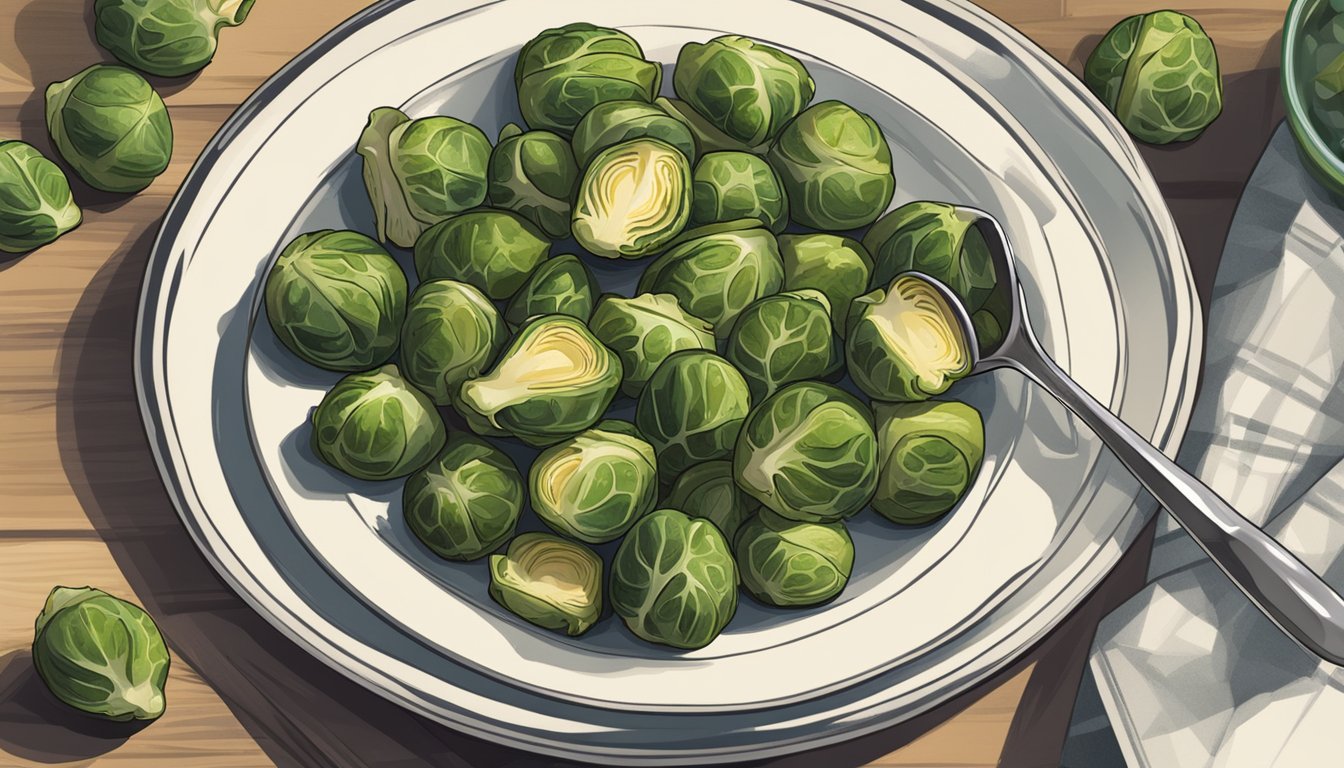 A plate of roasted Brussels sprouts with a measuring cup next to it