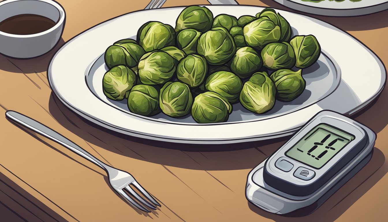 A plate of roasted brussels sprouts with a fork and knife beside it. A blood glucose monitor sits nearby