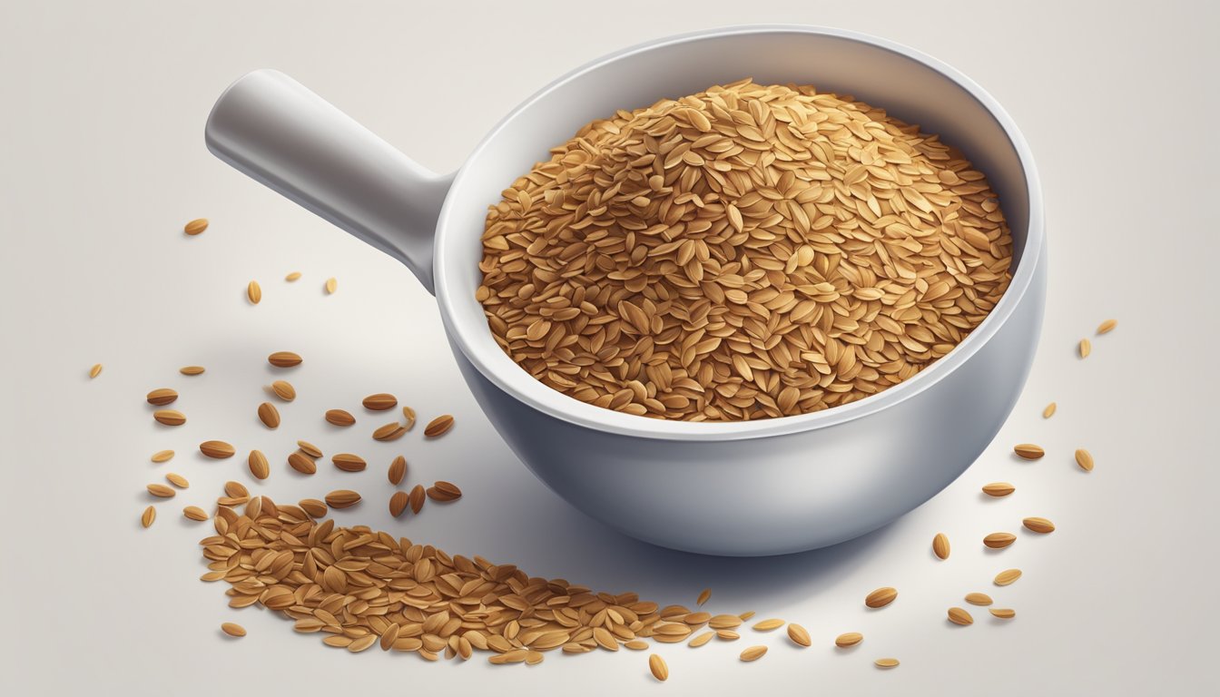 A small pile of flaxseeds scattered on a clean, white surface with a measuring cup next to it