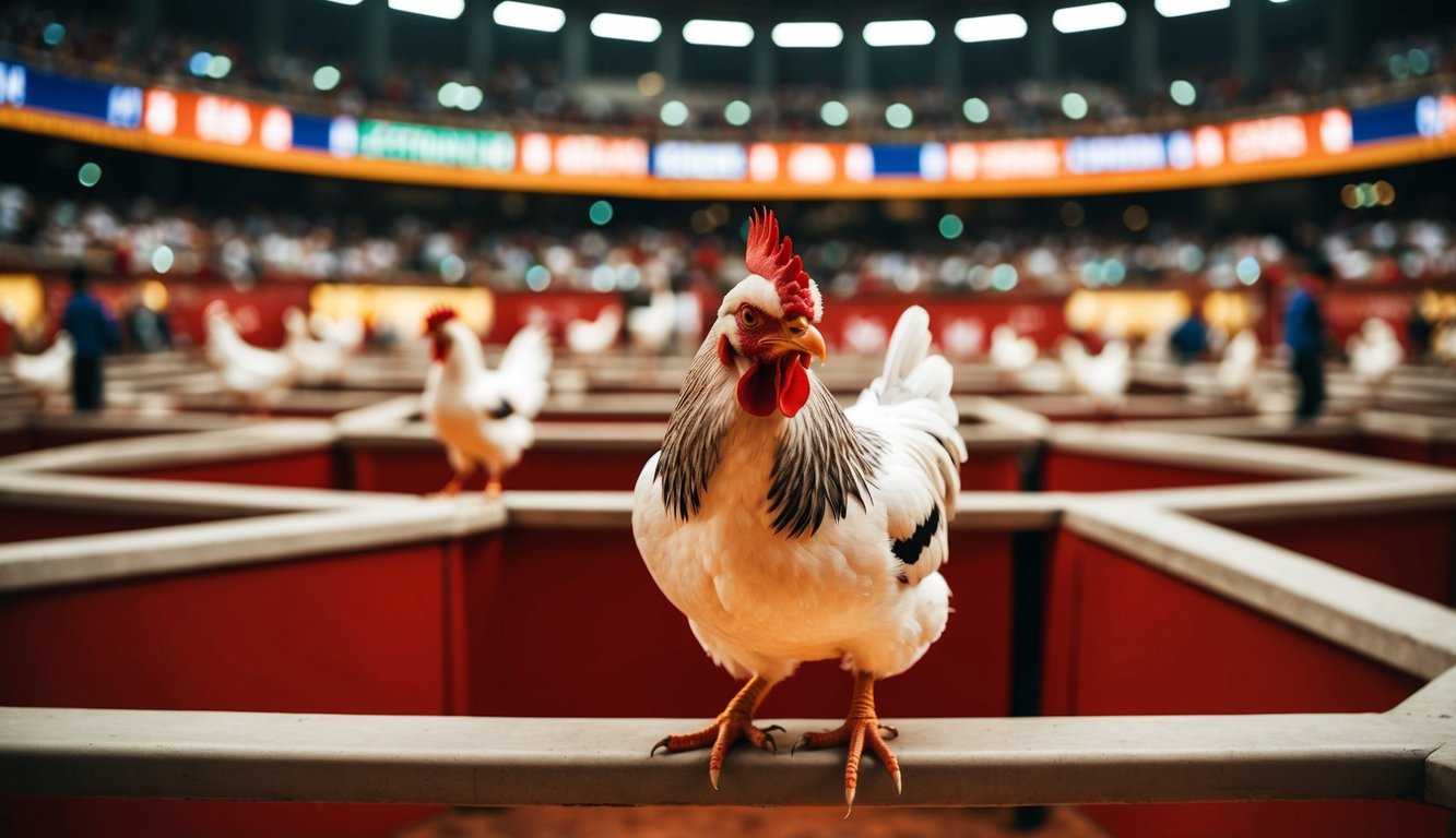 Sebuah arena sabung ayam resmi yang ramai dengan berbagai pasar taruhan internasional