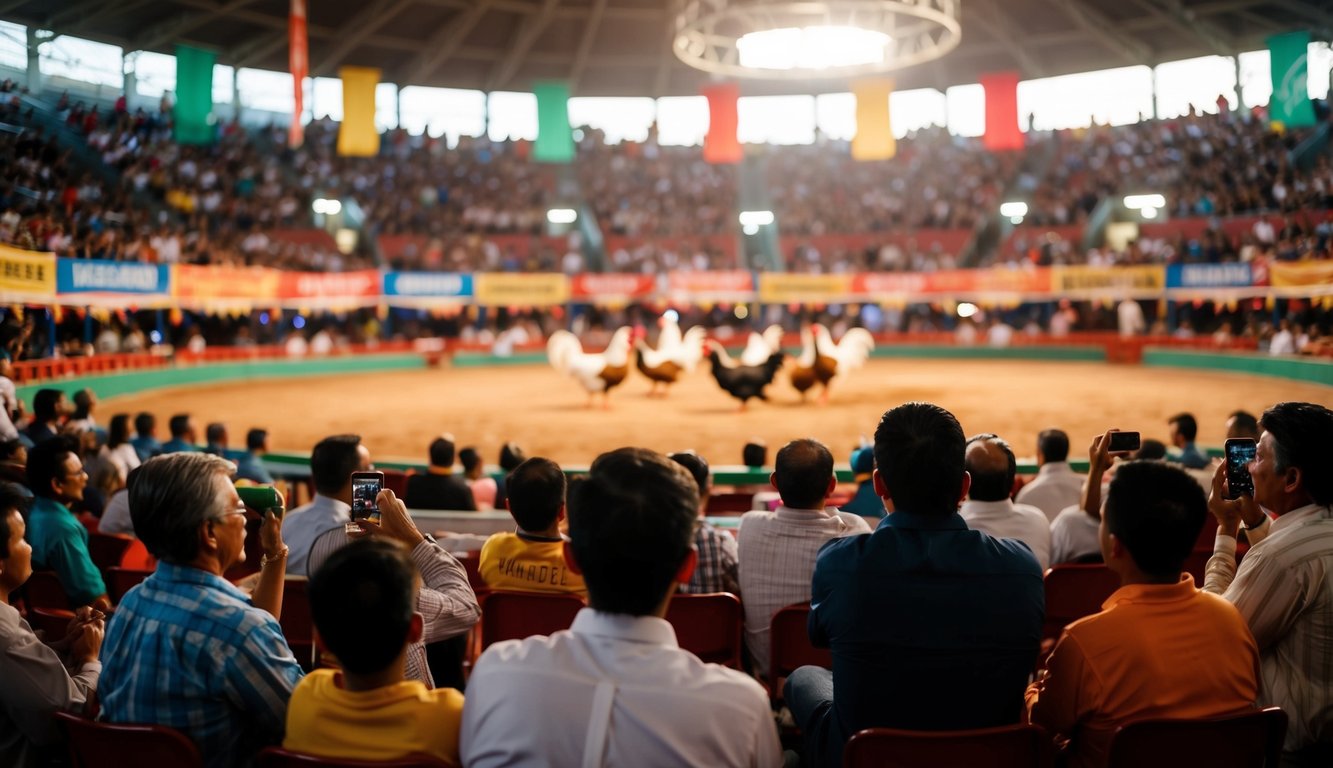 Sebuah arena sabung ayam yang ramai dengan spanduk berwarna-warni dan penonton yang bersemangat