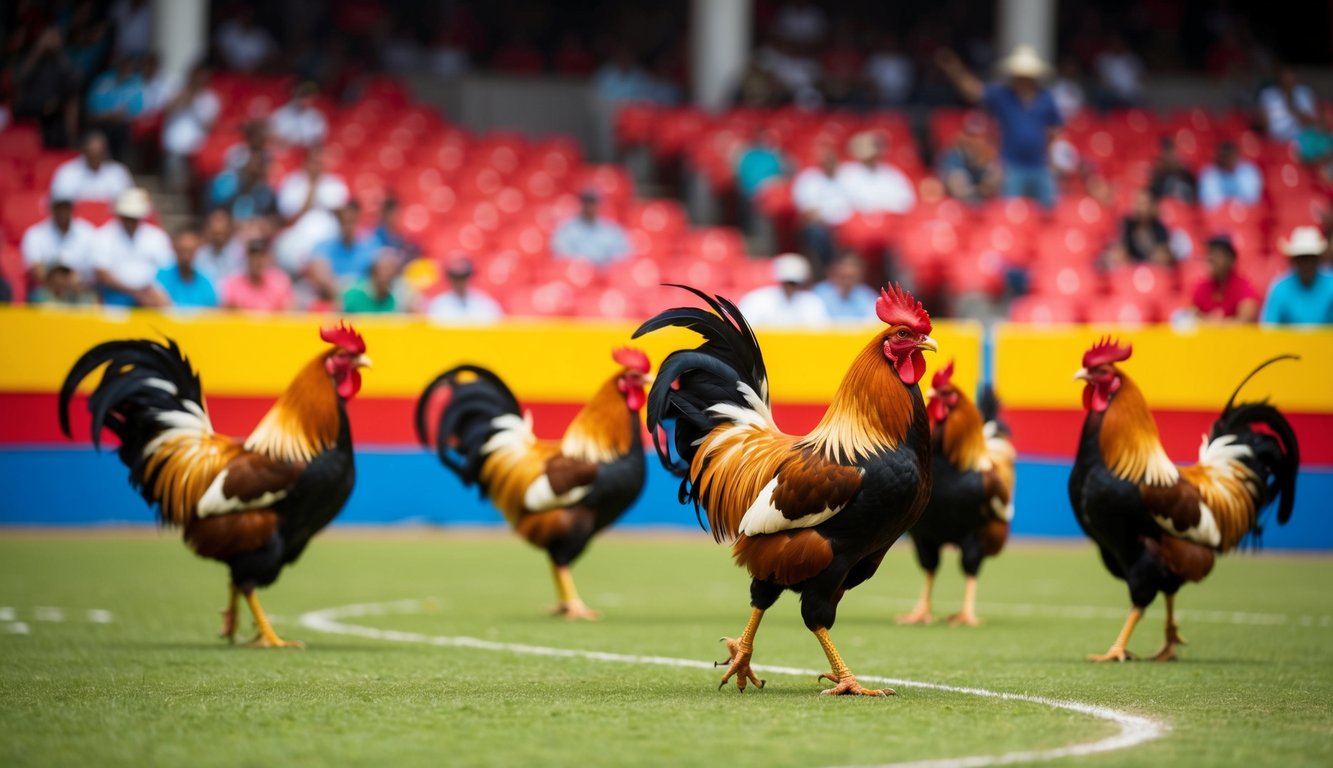 Sebuah arena sabung ayam yang semarak dengan penonton dan ayam jantan berwarna-warni