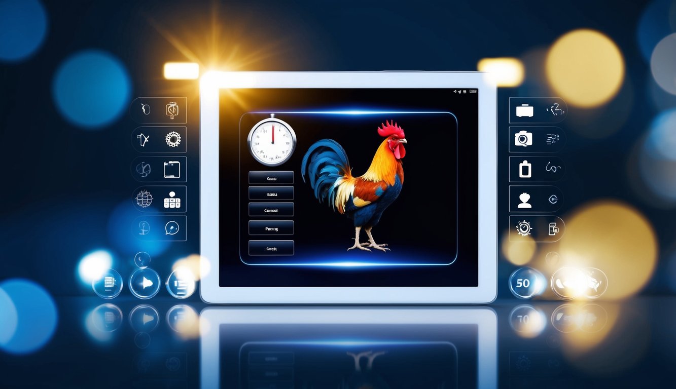 Antarmuka digital yang terang benderang dengan seekor ayam jantan dan timer, dikelilingi oleh berbagai ikon dan tombol, dengan latar belakang gelap.