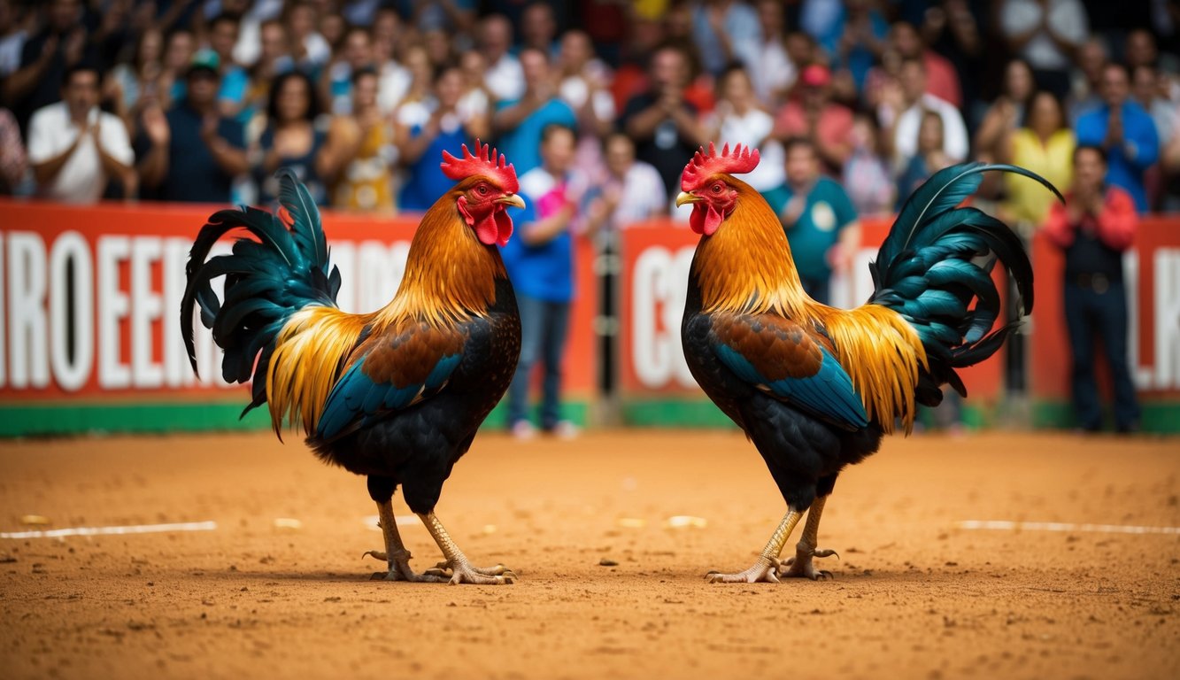 Dua ayam jantan berhadapan di arena sabung ayam, dikelilingi oleh kerumunan penonton yang bersorak-sorai