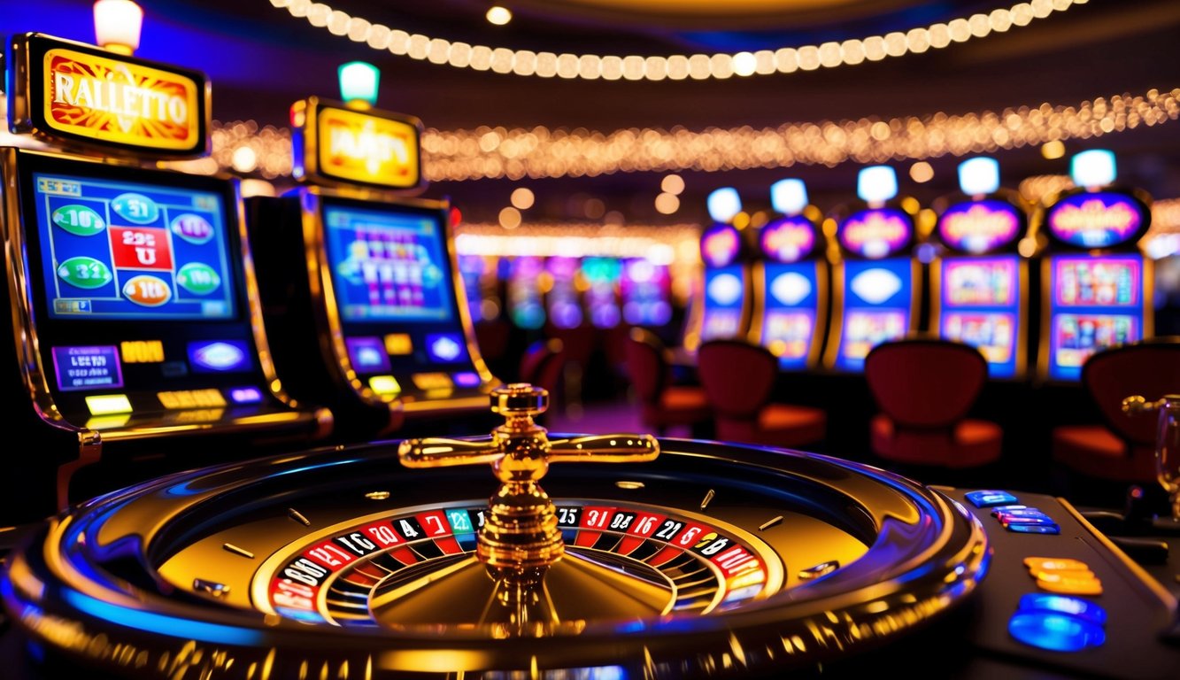 Sebuah kasino online yang berwarna-warni dan penuh semangat dengan mesin slot yang bersinar dan roda roulette, dikelilingi oleh latar belakang cahaya berkilauan dan suasana yang penuh kegembiraan