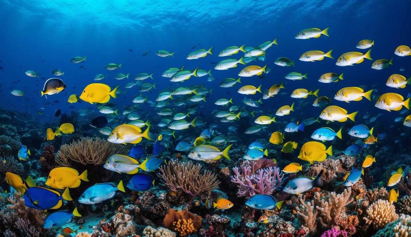 Sebuah dunia bawah laut yang ramai dengan ikan-ikan berwarna-warni dan berbagai makhluk laut, dengan latar belakang terumbu karang yang cerah