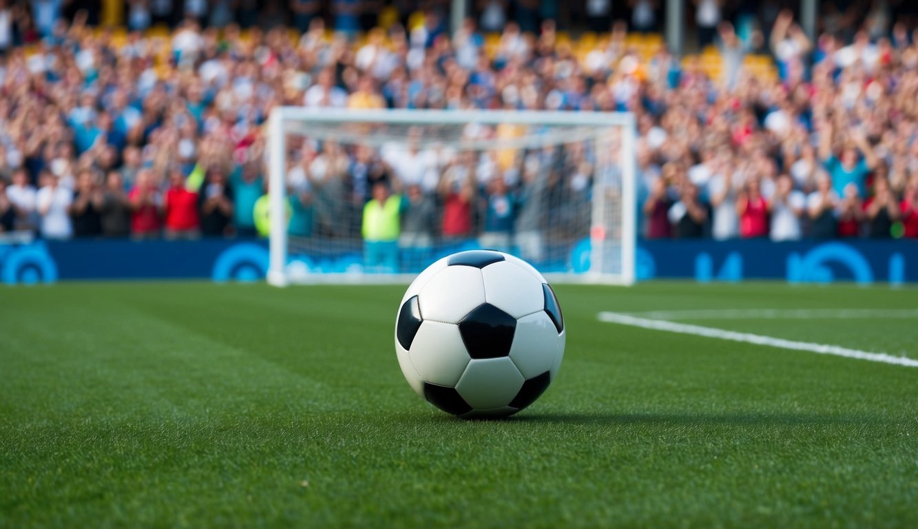 Sebuah bola sepak yang bergulir di atas lapangan hijau, dengan tiang gawang di latar belakang dan kerumunan penggemar yang bersorak di tribun