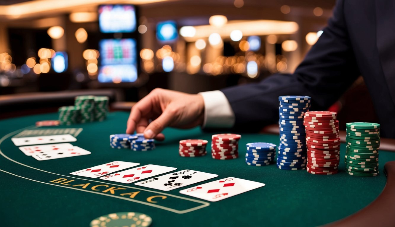 Meja blackjack digital dengan kartu yang dibagikan dan chip yang ditempatkan