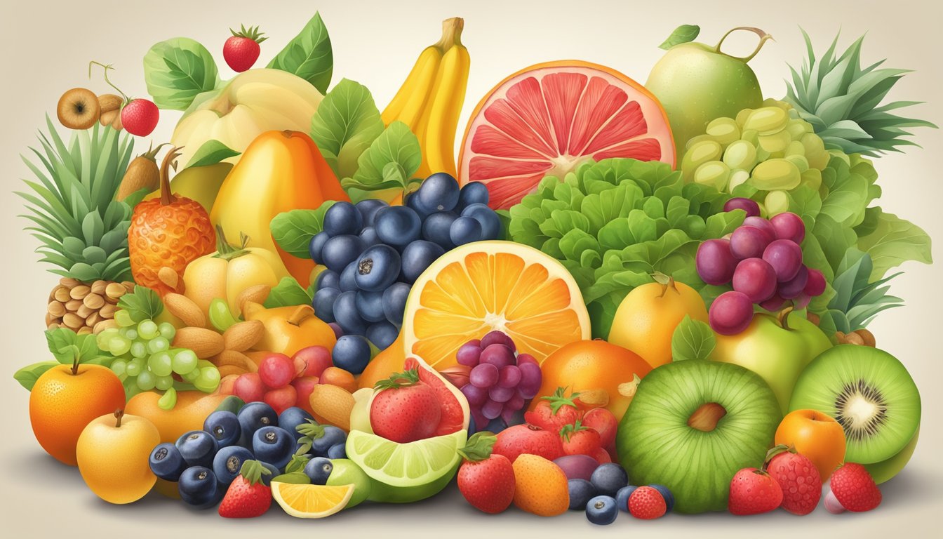 A colorful array of vibrant fruits, vegetables, nuts, and seeds arranged in a dynamic composition, surrounded by scientific research papers and nutritional charts