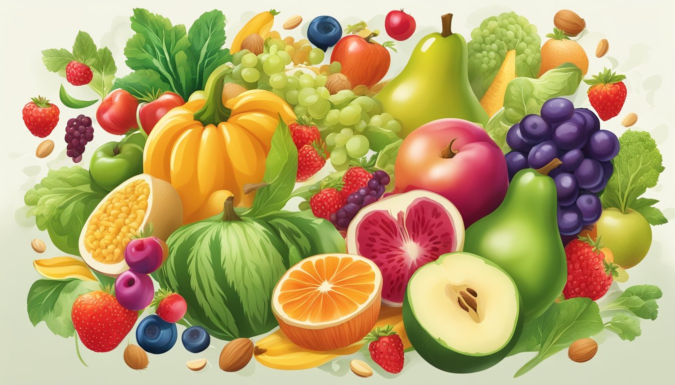 A vibrant assortment of colorful fruits, vegetables, nuts, and seeds arranged in a dynamic composition, surrounded by swirling symbols representing various chronic diseases