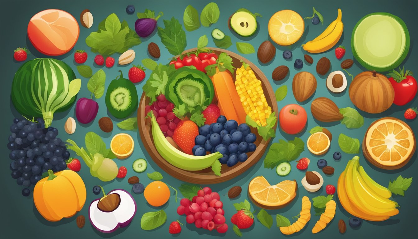 A colorful array of fruits, vegetables, grains, and nuts arranged in a circular pattern, with a glowing "superfood" spotlighting a variety of nutrient-rich options