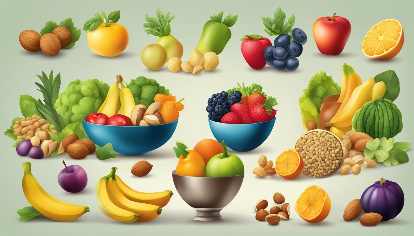 A variety of colorful fruits, vegetables, nuts, and seeds arranged in a balanced and visually appealing manner, with a spotlight on a few key "superfoods."