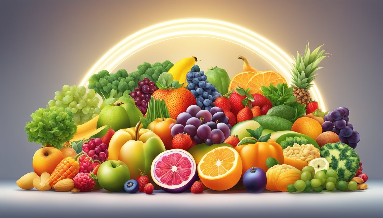 A vibrant array of colorful fruits, vegetables, nuts, and seeds arranged in a dynamic composition, surrounded by a halo of glowing light