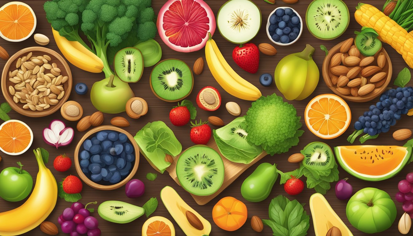 A colorful array of vibrant fruits, vegetables, nuts, and seeds spread out on a wooden table, showcasing the variety of superfoods available for a healthy diet