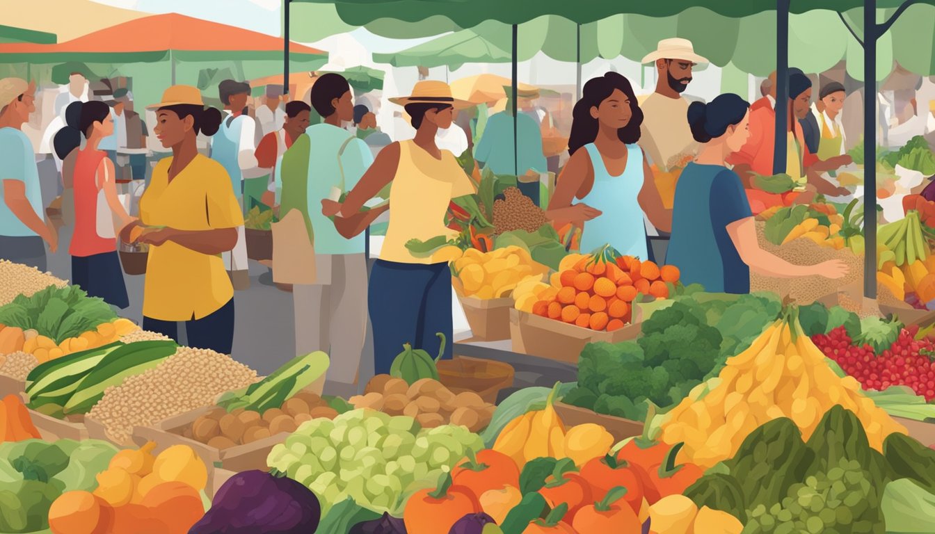 A bustling farmers' market with vibrant displays of exotic fruits, vegetables, and grains. People of various cultural backgrounds sample and purchase superfoods