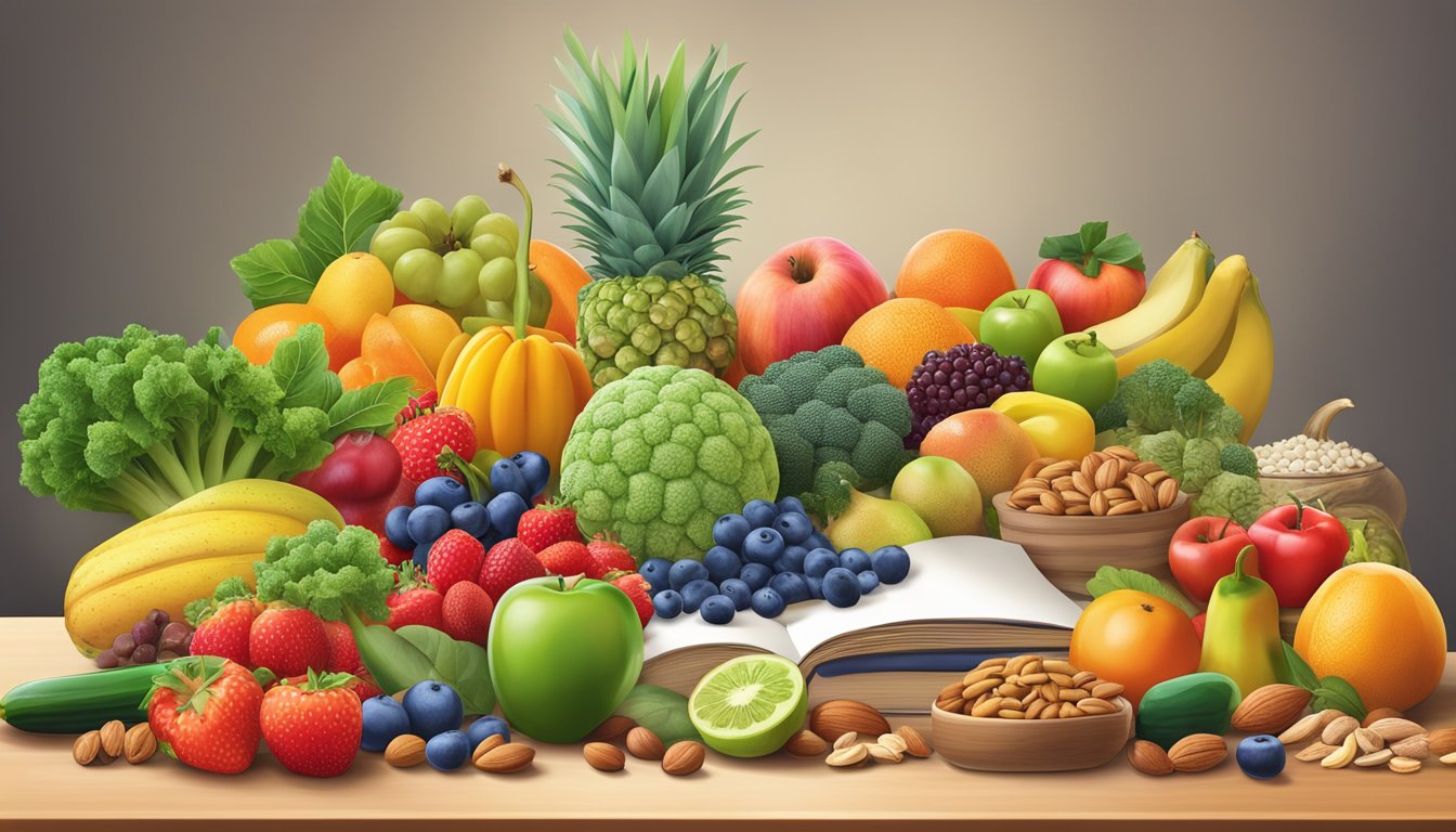 A colorful array of vibrant fruits, vegetables, nuts, and seeds arranged on a table, surrounded by books and research papers on nutrition and superfoods