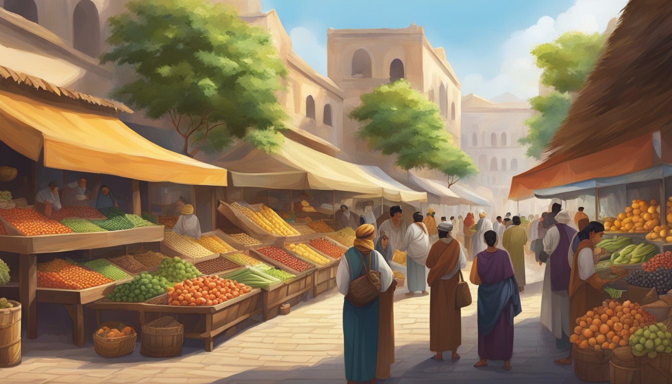 A bustling ancient marketplace filled with vibrant, exotic fruits, vegetables, and grains. A diverse array of people trading and exchanging goods