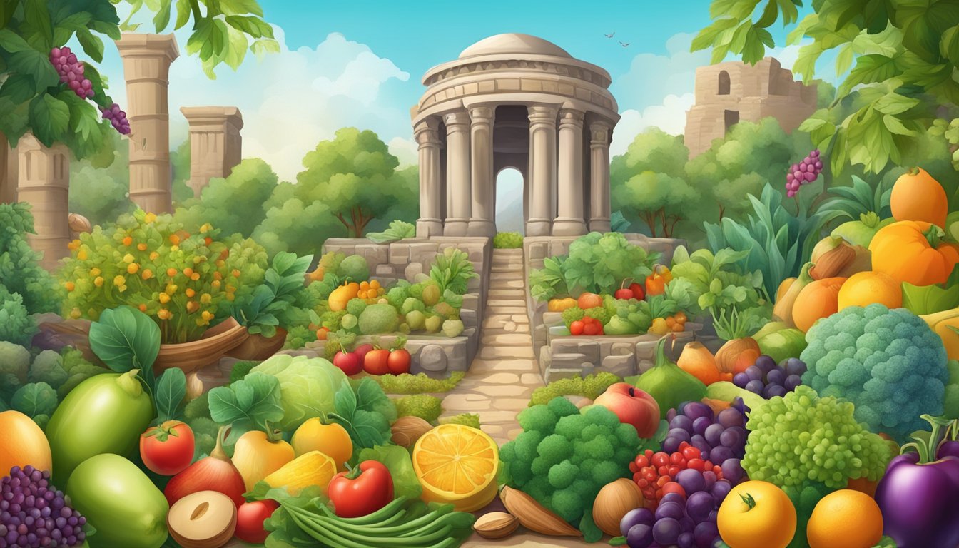 A lush, vibrant garden bursting with colorful fruits, vegetables, nuts, and grains, surrounded by ancient ruins and symbols of wisdom