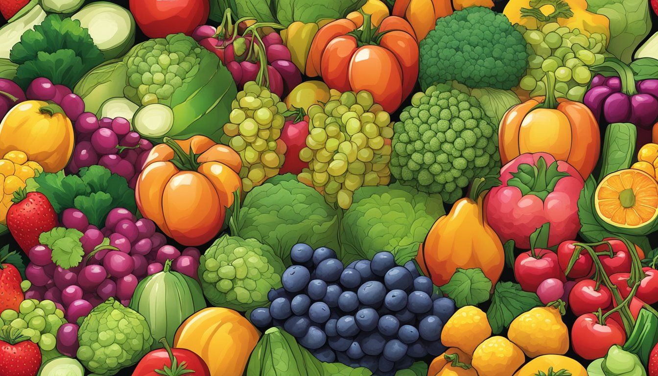 A vibrant array of fruits and vegetables in a variety of colors, arranged in a visually appealing and appetizing display