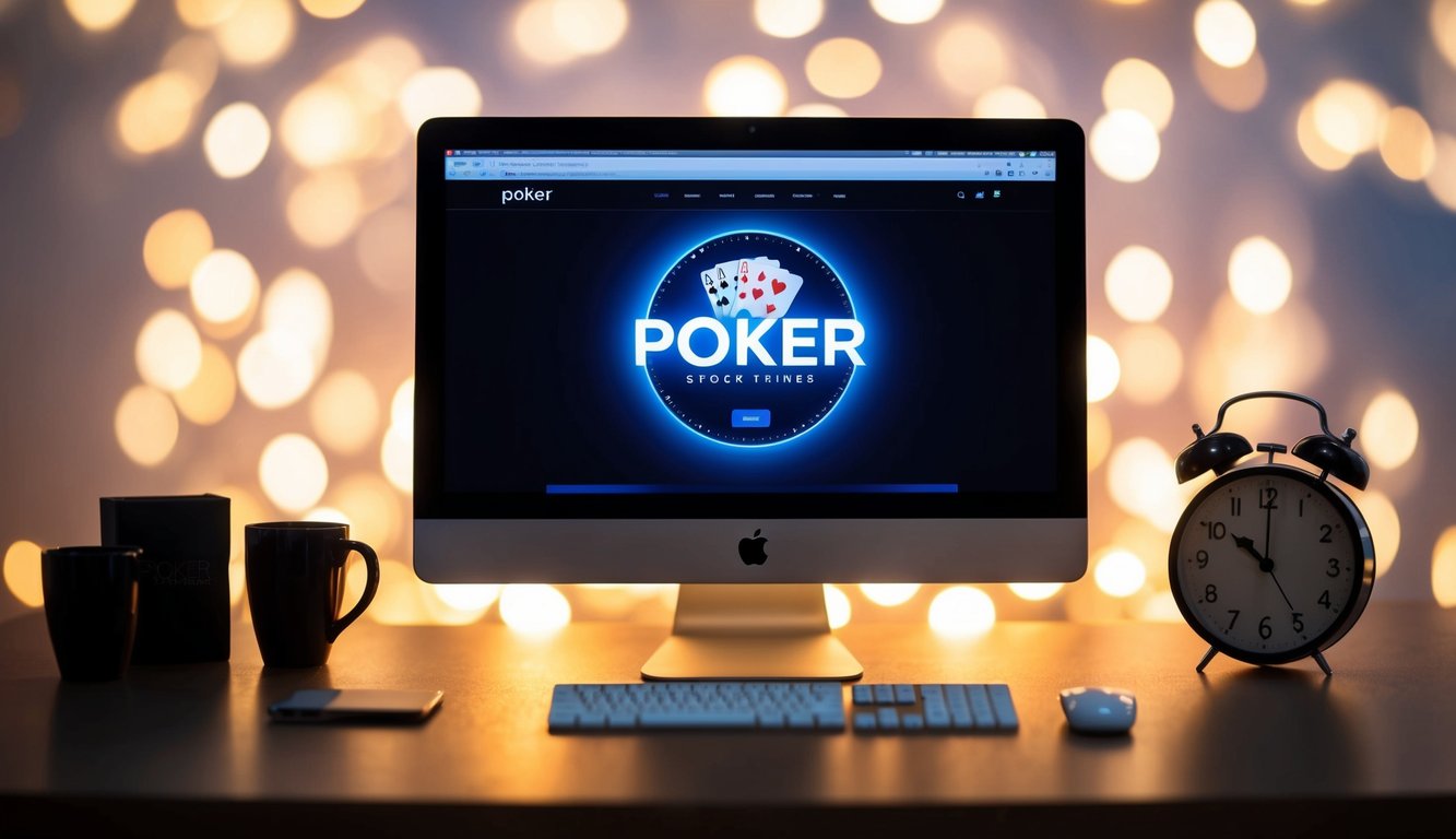 Sebuah layar komputer yang bersinar dengan situs web poker terbuka, dikelilingi oleh jam yang menunjukkan waktu 24 jam