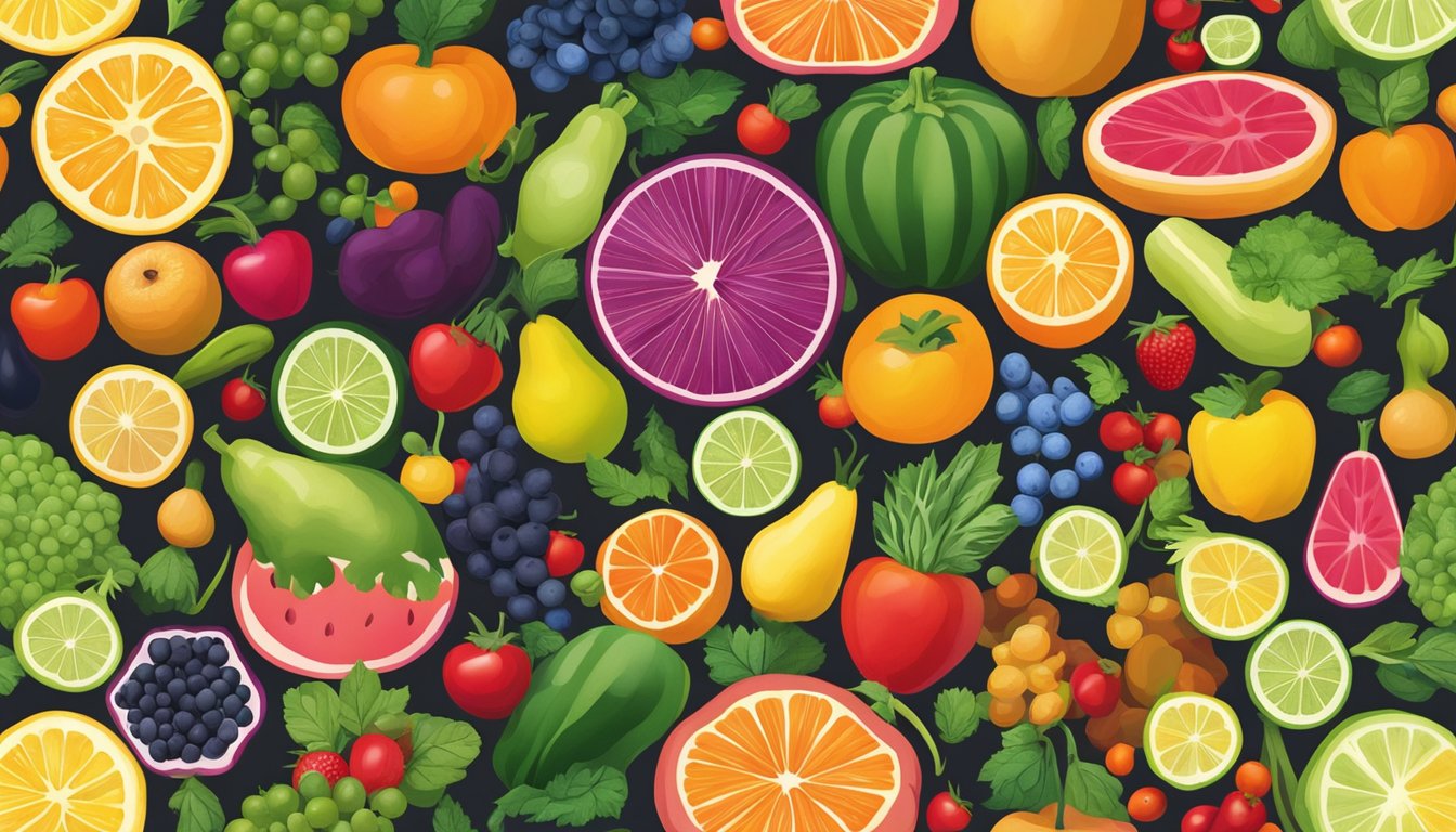 A vibrant array of fruits and vegetables in various colors, arranged in a visually appealing manner. Each item represents a different phytonutrient, creating a beautiful and diverse display of superfoods