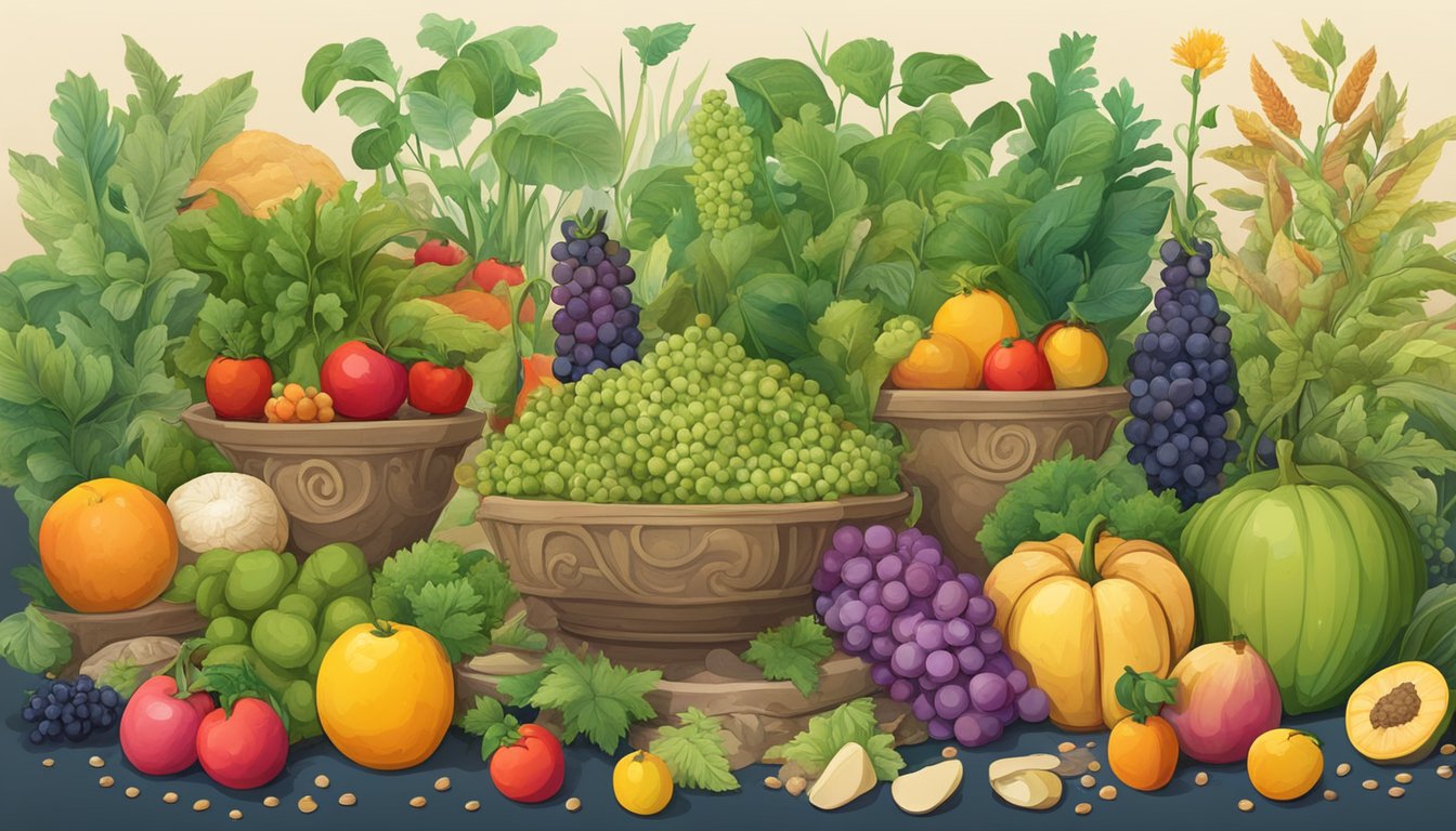 A lush garden with a variety of colorful fruits, vegetables, and grains growing alongside ancient artifacts and scrolls