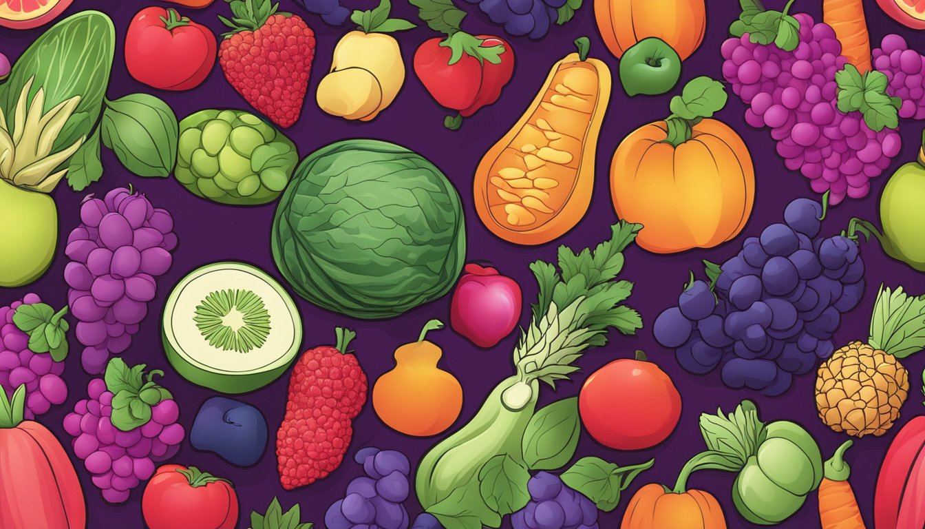 A vibrant array of fruits and vegetables in all shades from red to purple, arranged in a gradient pattern