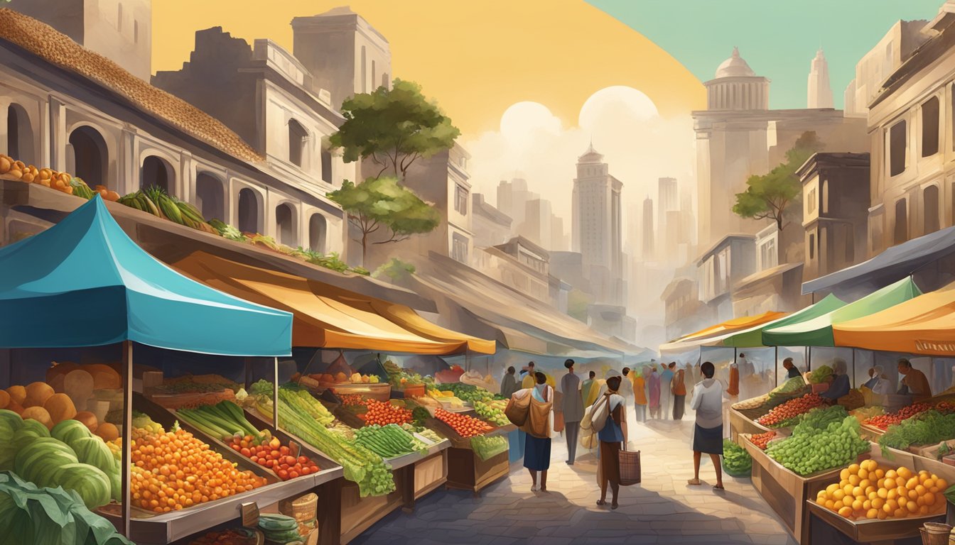 A bustling market with diverse fruits, vegetables, and grains from around the world, surrounded by ancient ruins and modern skyscrapers