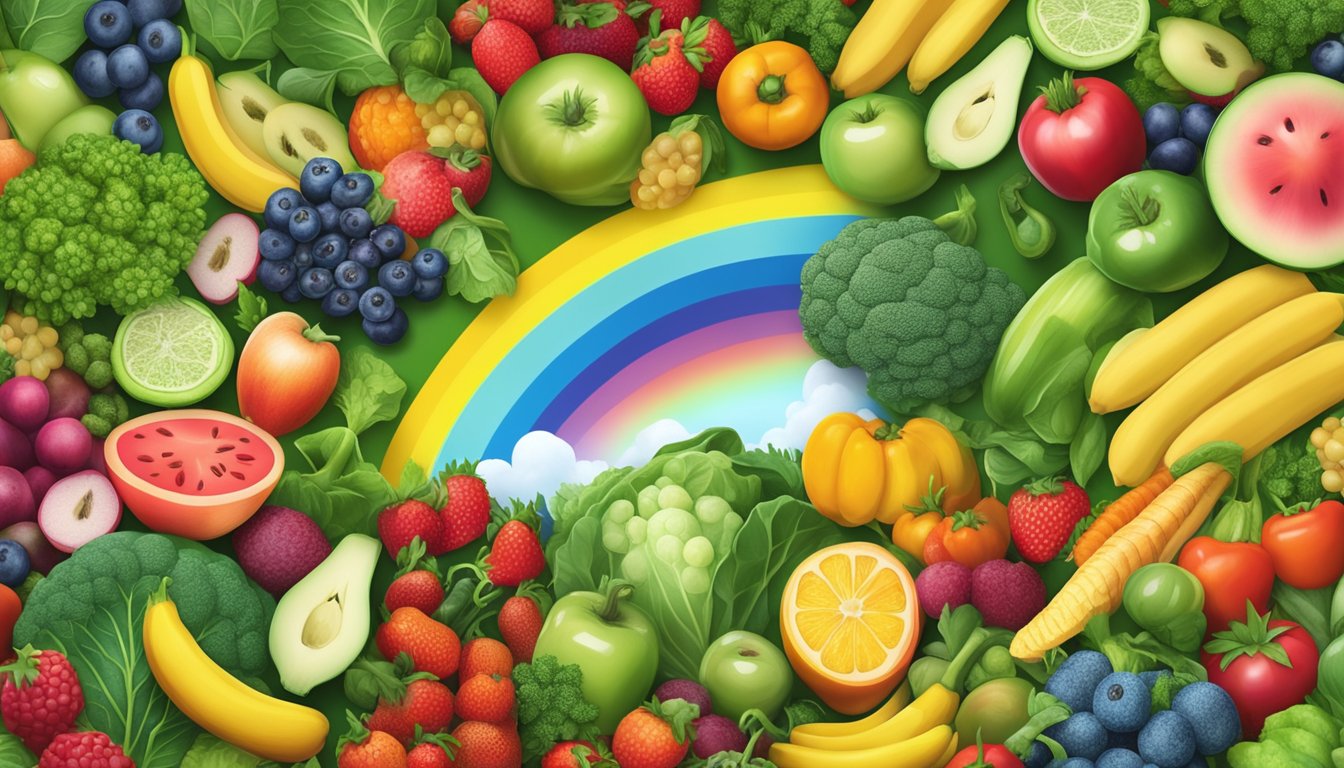 A lush green field bursting with vibrant fruits and vegetables in a variety of shades, surrounded by a rainbow of colorful superfoods