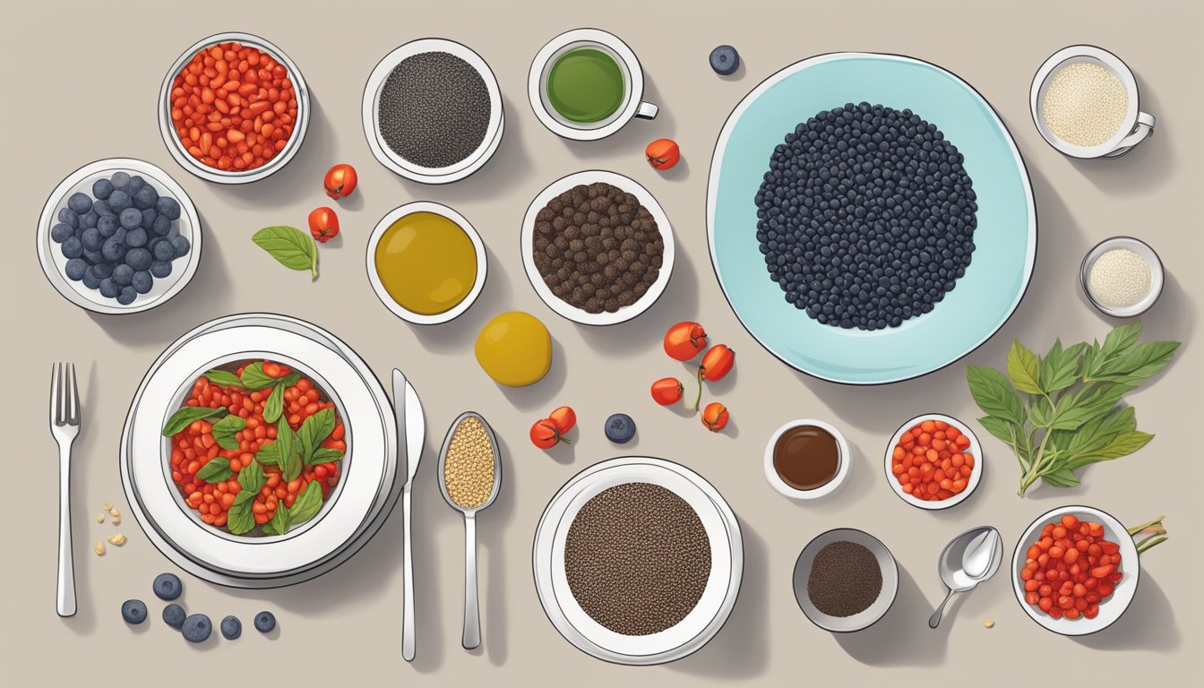 A vibrant array of ancient superfoods, such as quinoa, chia seeds, and goji berries, arranged on a modern dining table surrounded by sleek, minimalist dinnerware