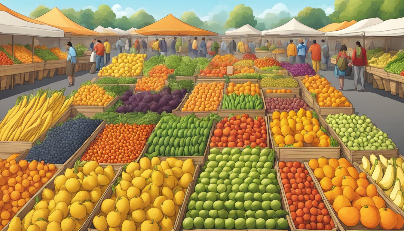 A vibrant orange and yellow fruit and vegetable market with a rainbow of colorful produce arranged in neat rows