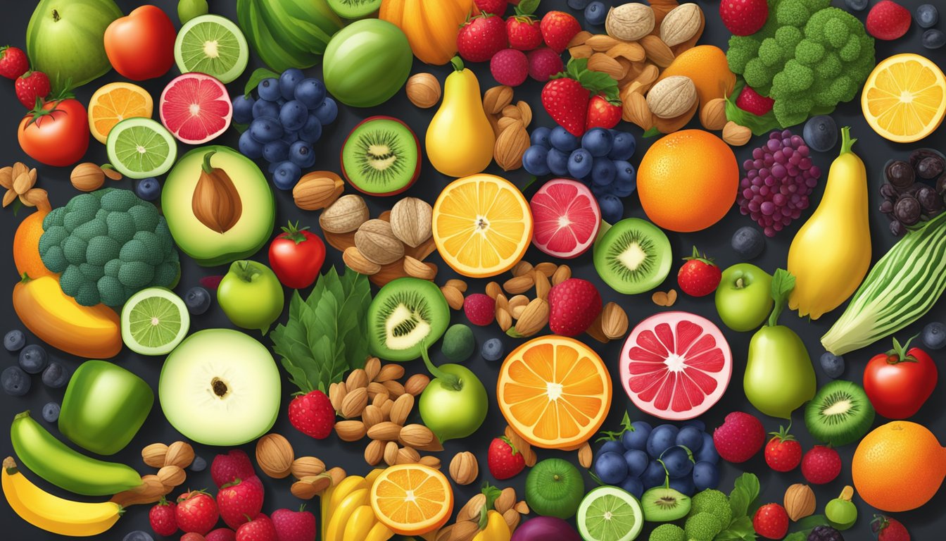 A vibrant array of colorful fruits, vegetables, nuts, and seeds arranged in a harmonious display, showcasing the synergy of antioxidants and phytochemicals