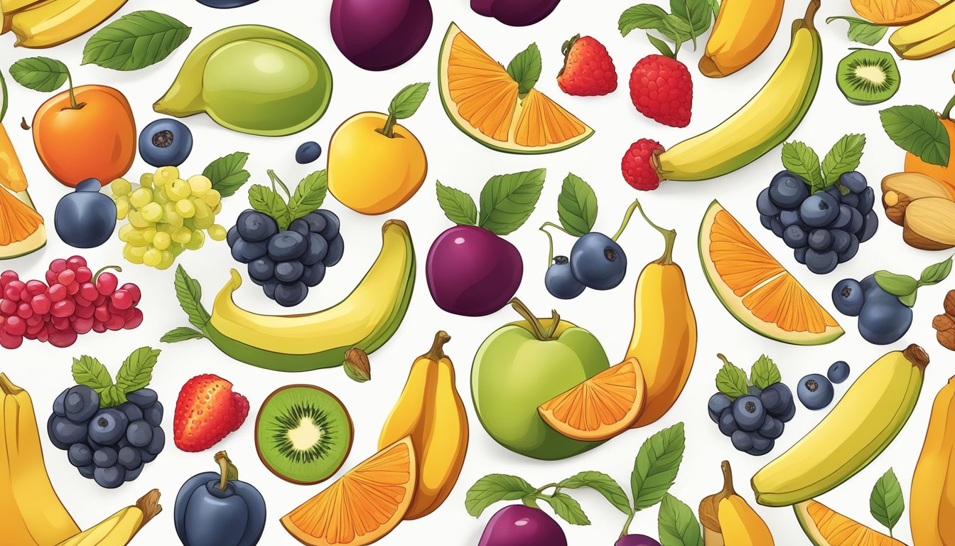 A colorful array of fruits, vegetables, nuts, and seeds arranged in a harmonious composition, showcasing the concept of combining foods for maximum nutritional impact