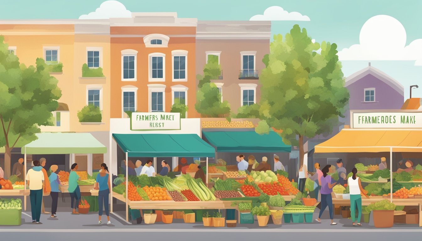 A bustling farmers market with colorful stalls showcasing an array of locally grown fruits, vegetables, and herbs. Vendors interact with customers, sharing knowledge about the nutritional benefits of superfoods