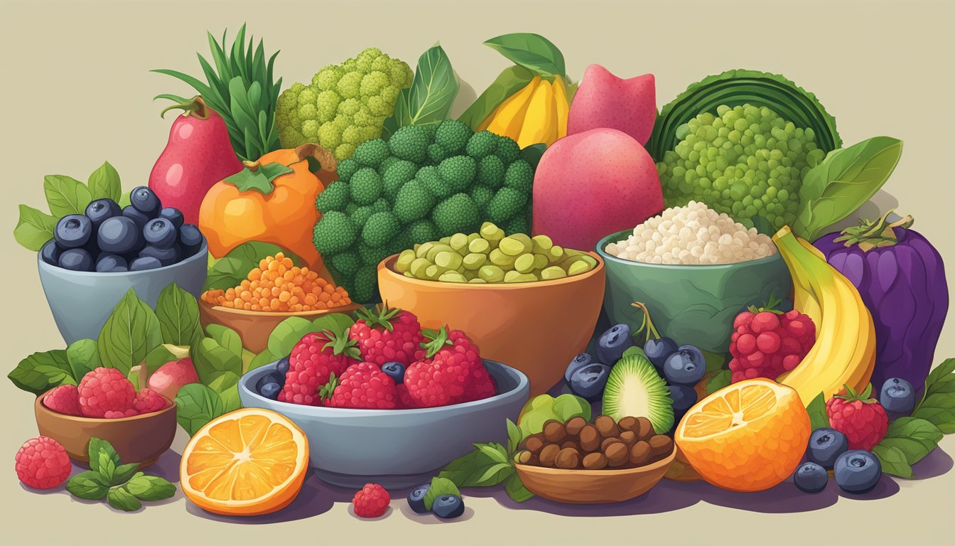 A variety of vibrant superfoods arranged in a visually appealing composition, showcasing their colors, textures, and shapes