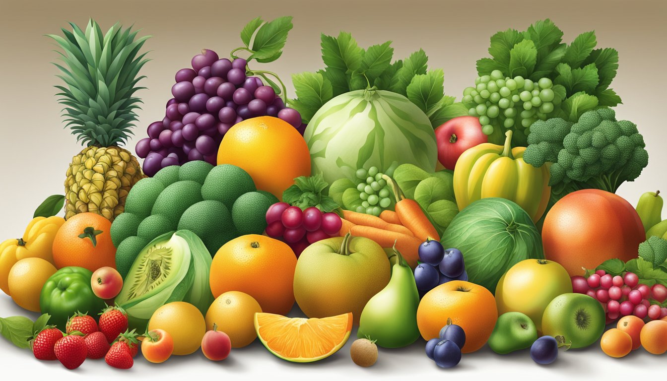 A bountiful display of vibrant, seasonal fruits and vegetables arranged in a harmonious and visually appealing manner