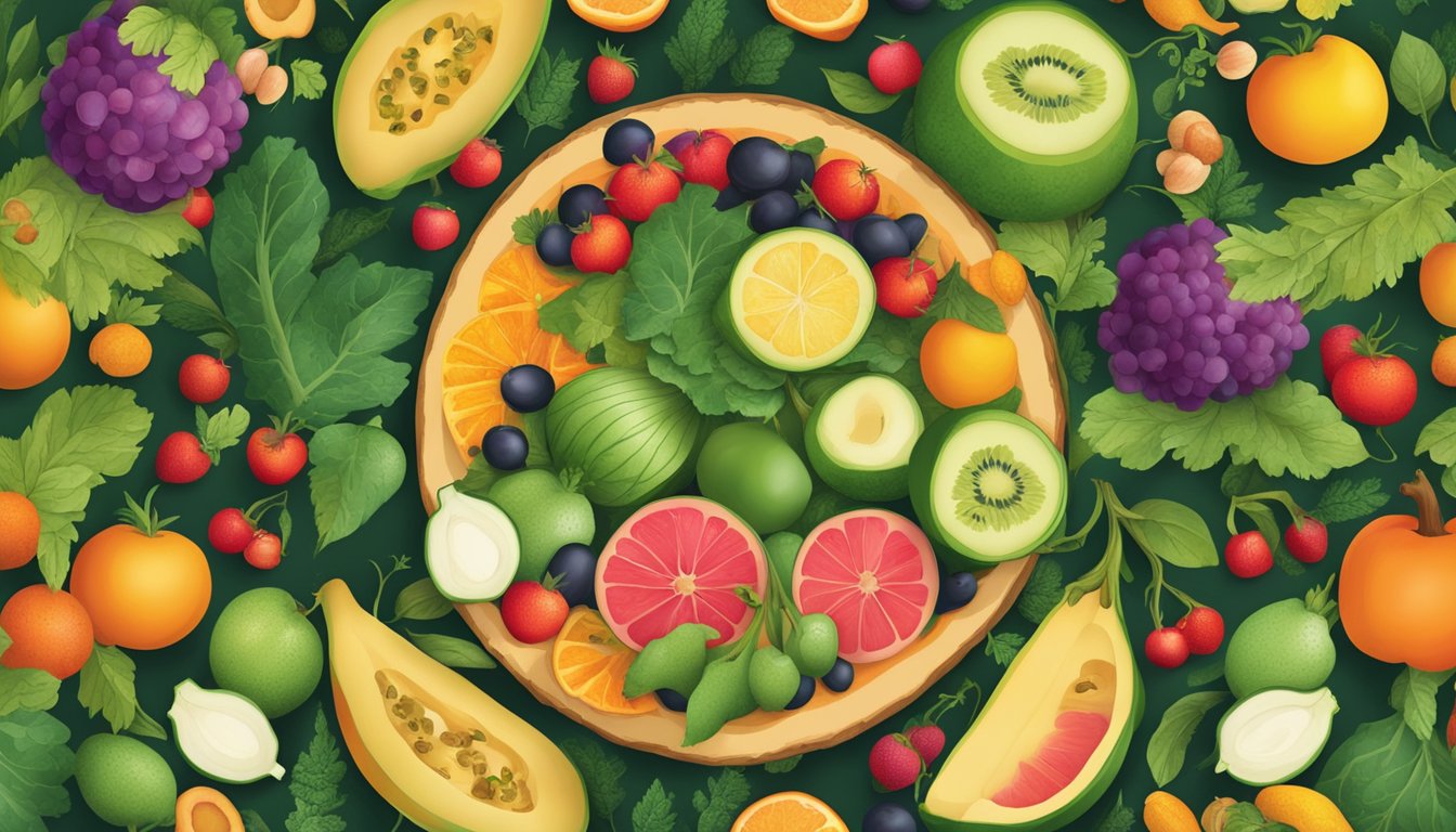 A vibrant display of seasonal fruits and vegetables arranged in a circular pattern, surrounded by leaves and flowers, with a backdrop of changing seasonal landscapes